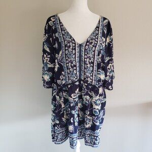 Romantic Gypsy Boho Women Dress Top Tunic Navy Floral Short Sleeve Baby Doll 1X
